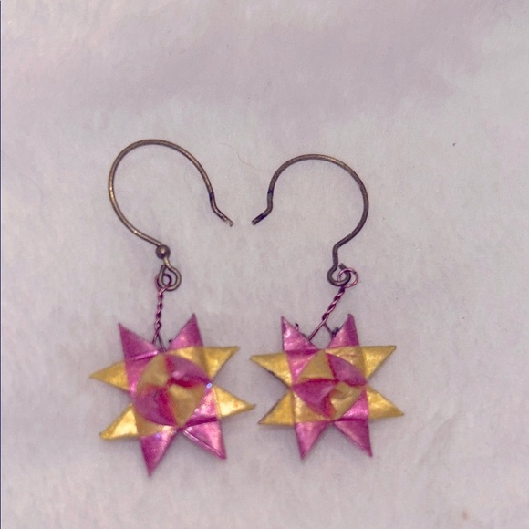 Origami Pink and Yellow Star Earrings - Picture 1 of 2